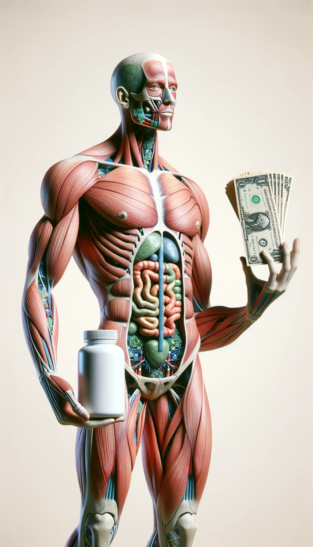 corpo umano anatomico che tiene nella mano destra una boccetta di integratore e nella mano sinistra delle banconote, sfondo neutro chiaro emoji