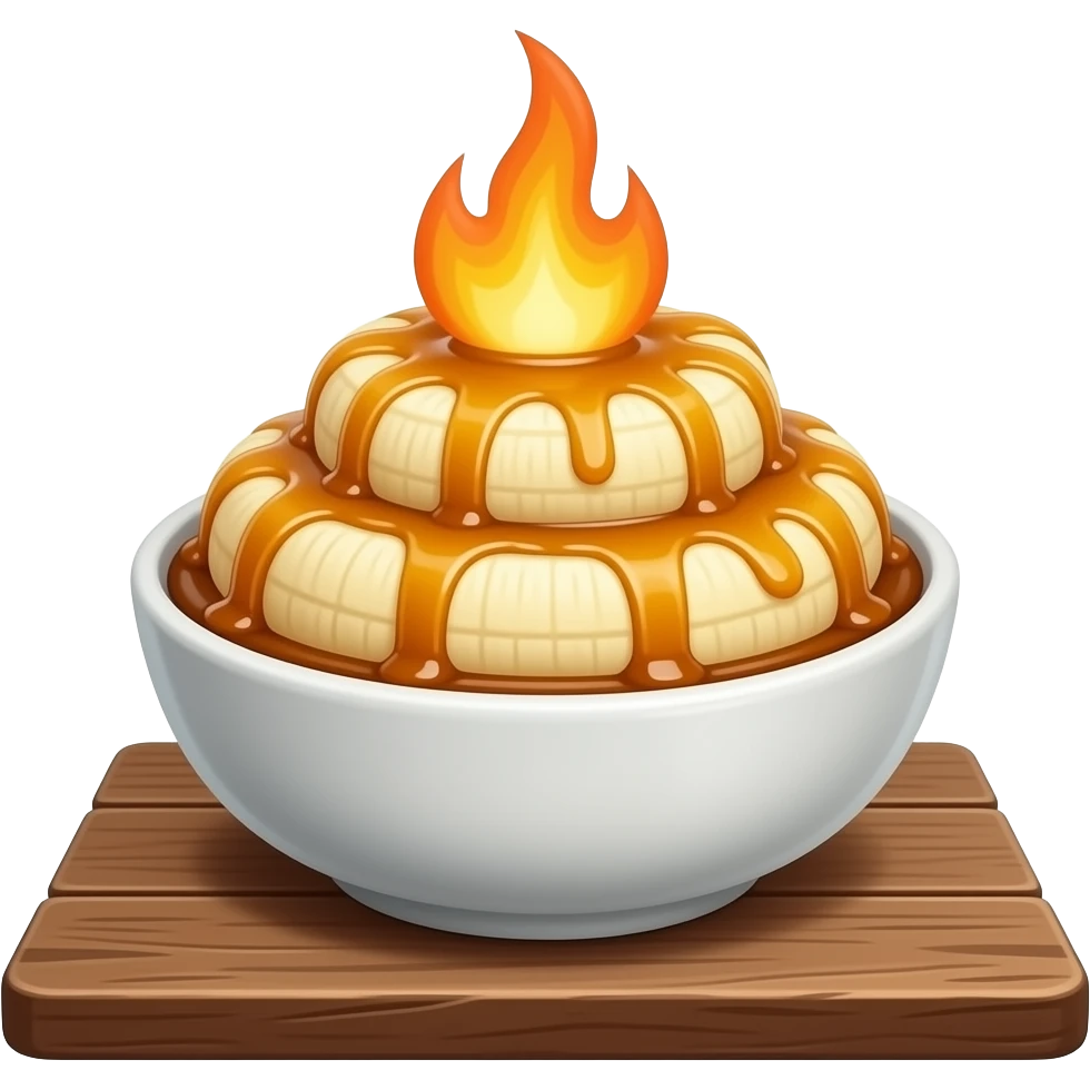 flambéed peeled mixed banana-and-caramel dessert in bowl emoji