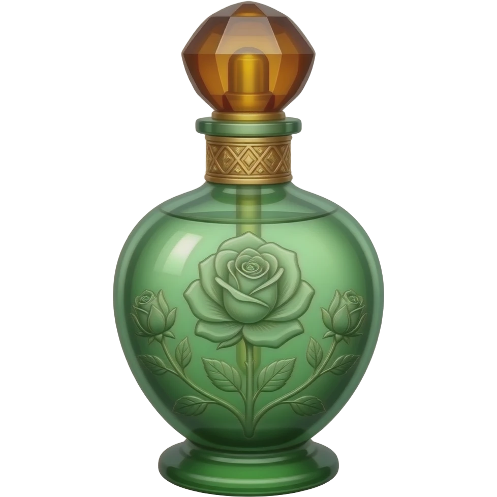 An elegant perfume bottle in emerald green glass and warm amber crystal, with floral engraving, gold detailing, and subtle violet accents, rendered in a sophisticated botanical fantasy style. emoji