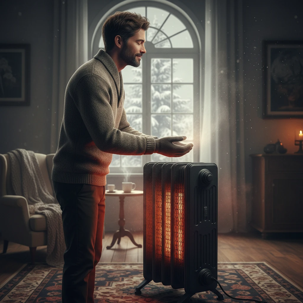 man warms his hands by the heater emoji
