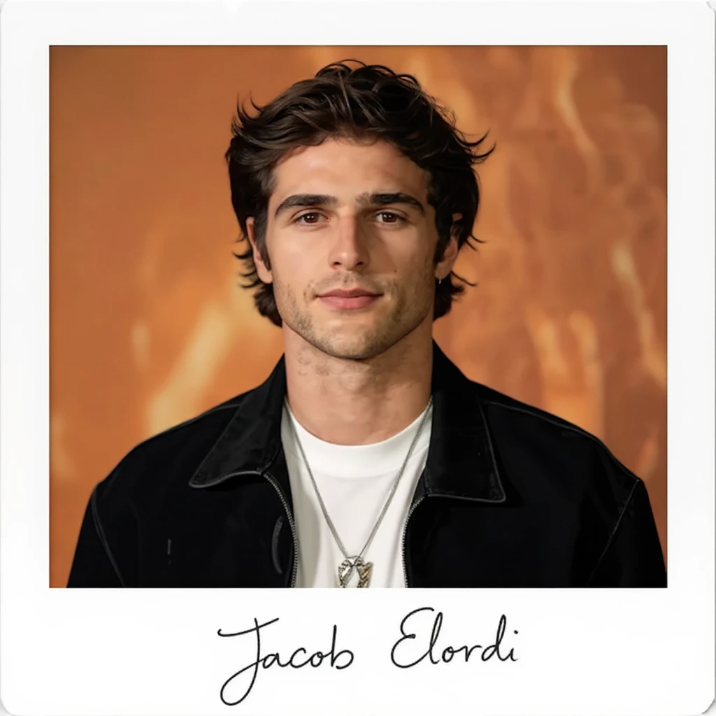 Polaroid style portrait illustration of Jacob Elordi with tousled hair and a confident expression, warm tones, classic instant photo border, based on the reference photo provided. emoji