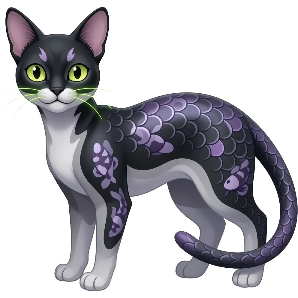 Realistic slim smooth oily shiny glossy elegant Abyssinian bioluminescent dull, scaly furry oil-blackish oily greyish, purplish, whitish abyss-fantasy-Zorua-Sprigatito-Absol-feline-Fakémon-fusion, with thin neon-glowing bulb-whiskers, koi-patterned full body emoji
