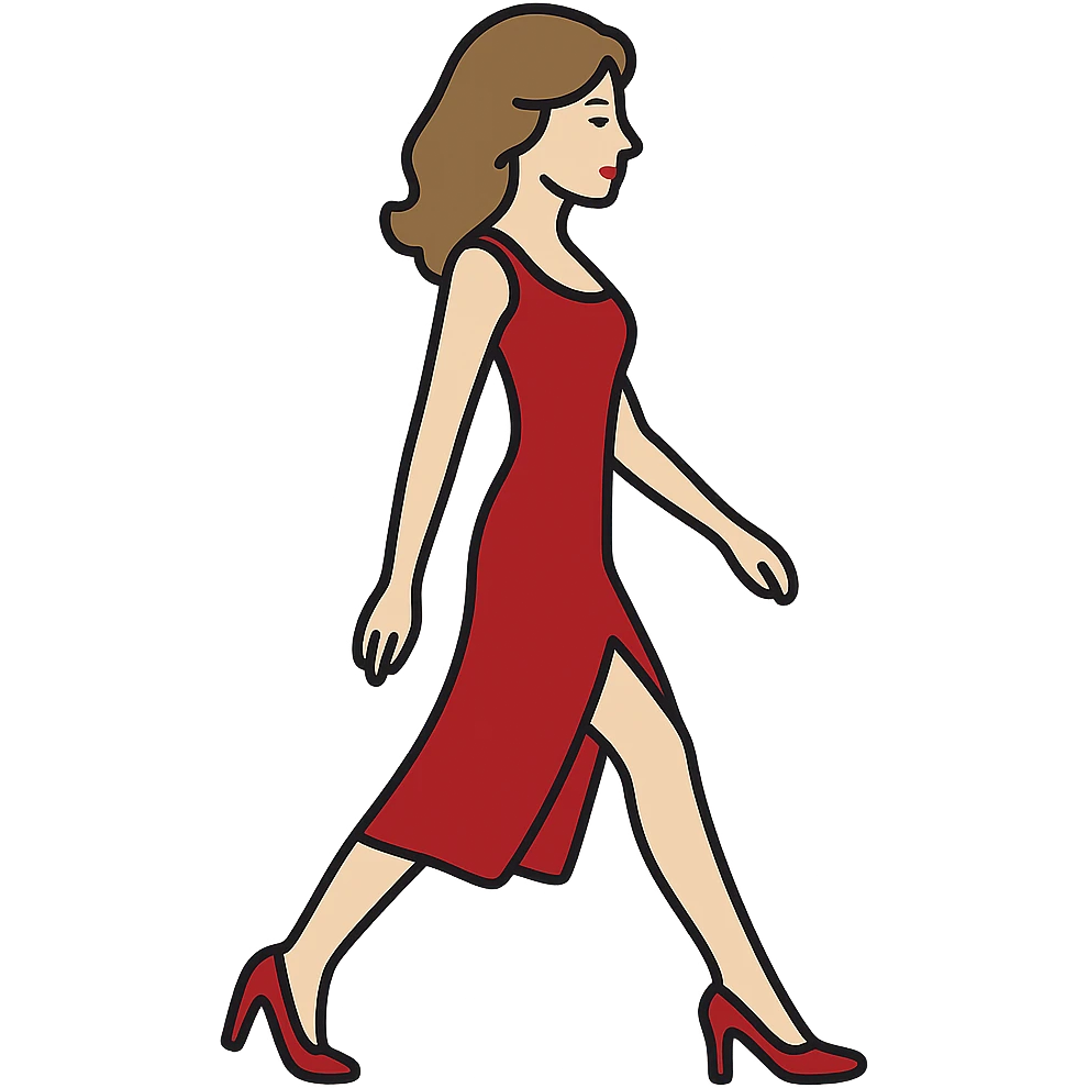 Depict the girl from the first reference image with the exact pose from the second sketch image: same appearance, hairstyle, red dress and shoes, style and color, but the arm and leg positions must fully match the sketch. Ensure the figure is fully in frame with no body parts cropped. Transparent background. emoji