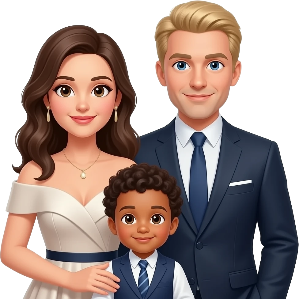 Family of 3 in formal attire, mom wearing dress , blond older dad , black  younger mom and mix baby boy with curly hair emoji