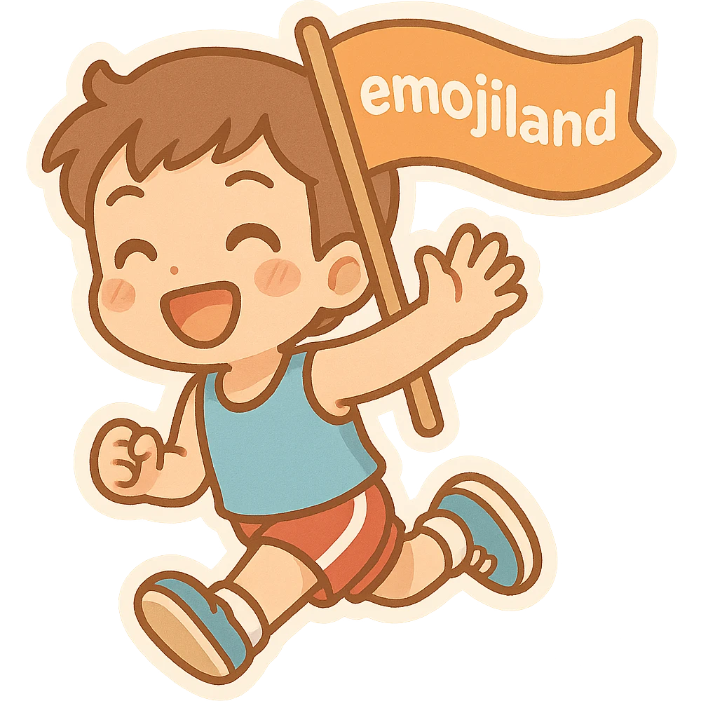 happy runner waving a flag that says 'emojiland' emoji