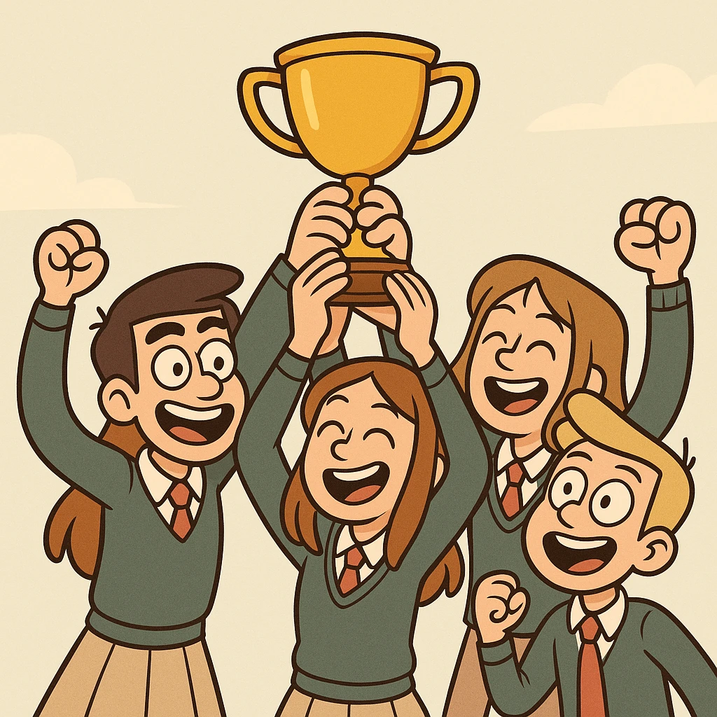 groupe de 4 étudiants, deux filles et deux garçons, brandissant un trophée, style cartoon coloré, fond clair emoji