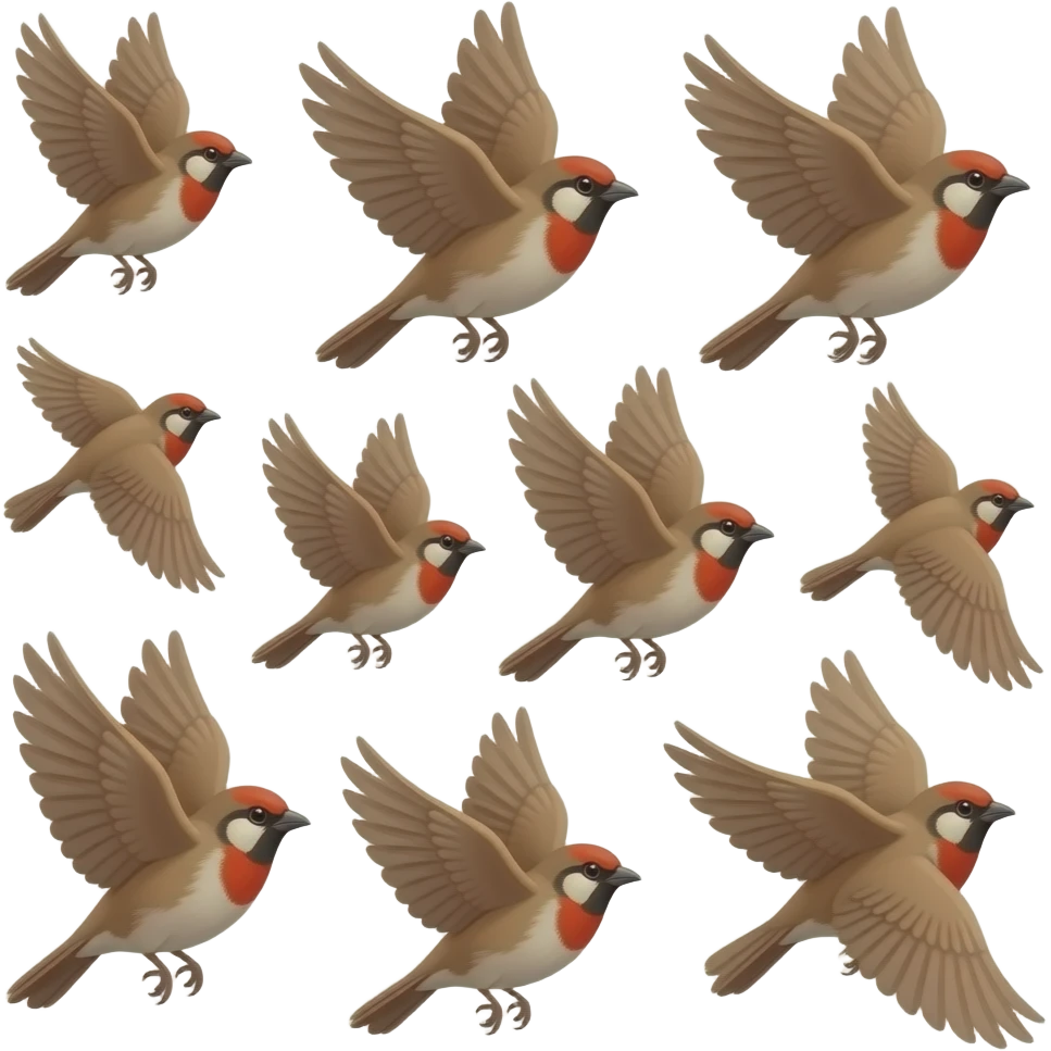 A 2D render iPhone emoji icon of a detailed Brown and red color 3D Render iPhone emoji png of a flock of brown and red color songbirds flying in the air emoji