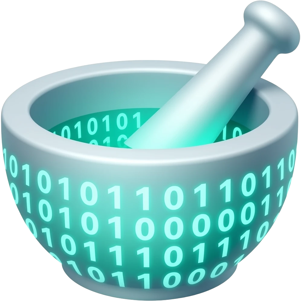 Icon of a pharmacist's mortar and pestle where the substance inside is made of binary code (zeros and ones), emitting a unique, customized glowing light. Specific treatment concept, personalized medicine, flat vector style, vibrant green and blue colors, white background. emoji