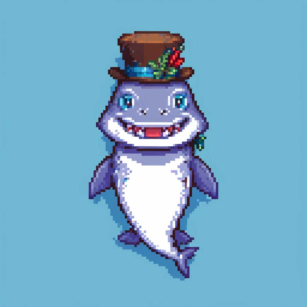 pixel art shark in a tophat, smiling, blue background emoji