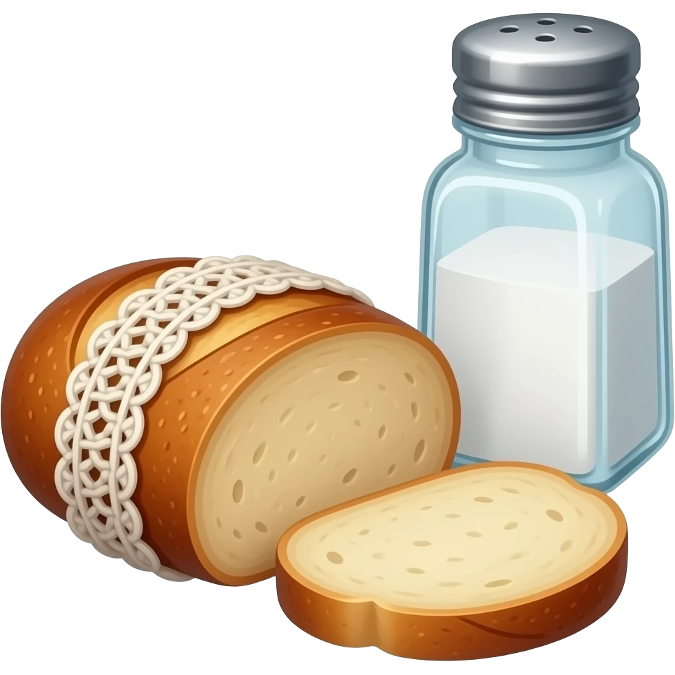 a small sliced ​​peasant bread wrapped in crocheted fabric, next to which stands a large glass salt shaker emoji