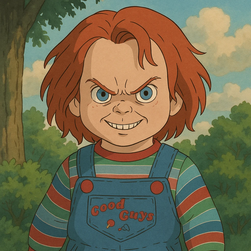 Chucky the doll in horror movie style, red hair, striped shirt, overalls, menacing expression emoji