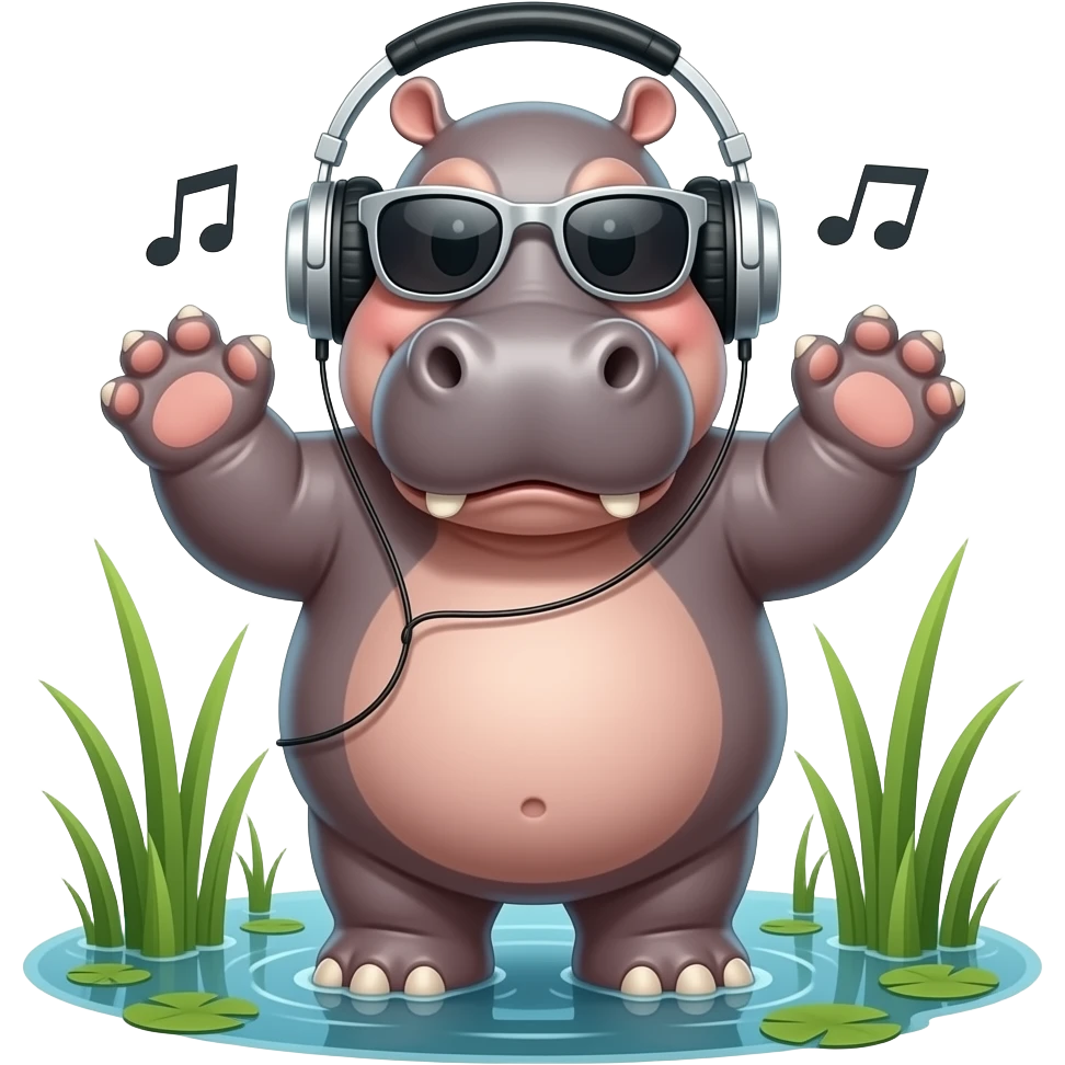 пухлый бегемотик в болоте голый на четырех ногах в  наушниках и серебристых солнцезазитныъ очках слушает музыку в гиперреализме emoji