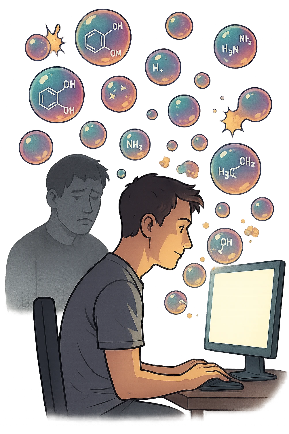 a man sits in front of a glowing screen, with colorful, artificial-looking dopamine molecules floating around his head like soap bubbles. Some bubbles pop and disappear quickly, symbolizing fleeting pleasure. In the background, a shadowy version of the man looks unsatisfied or empty, highlighting the temporary nature of the gratification. emoji
