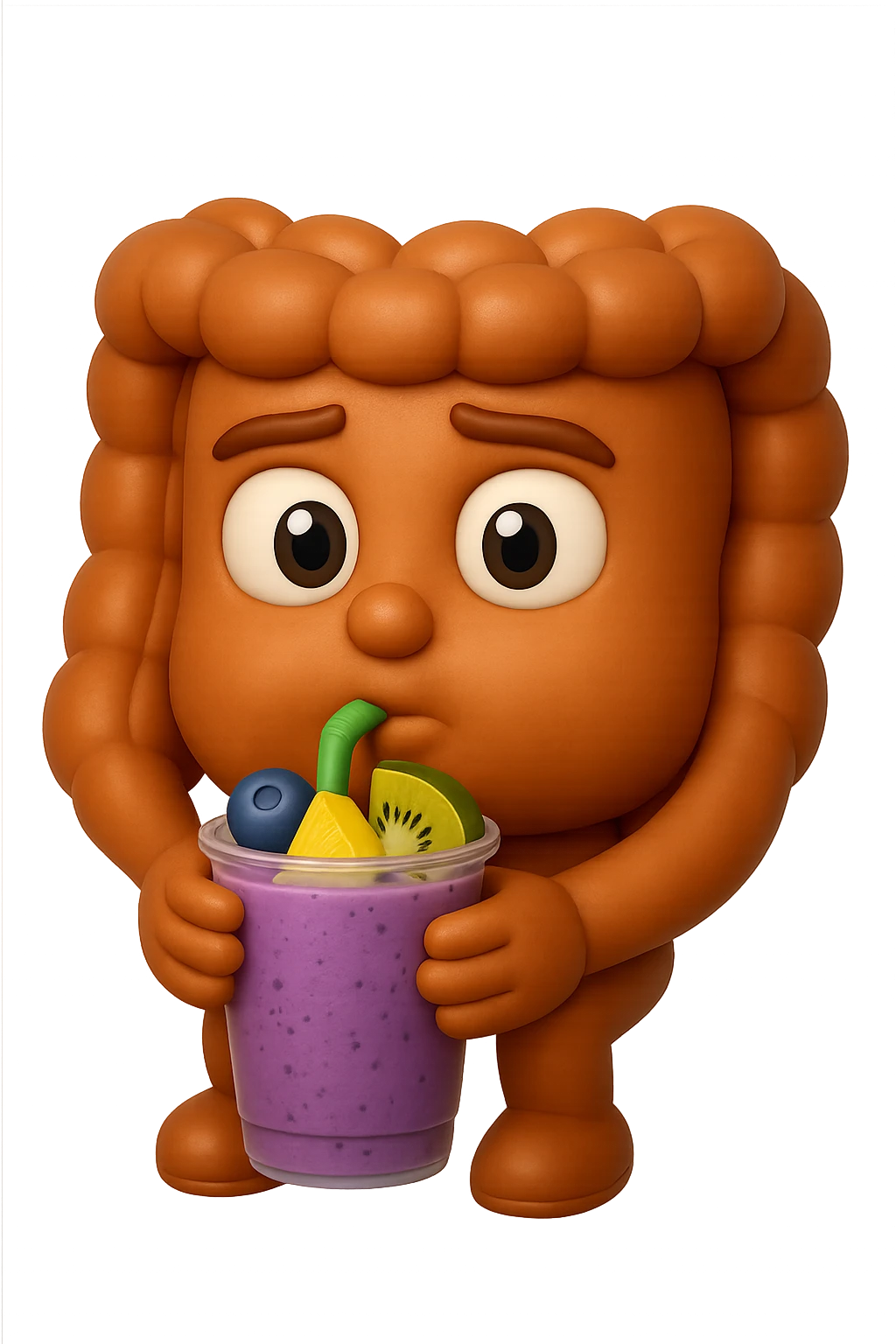 EMOJI STILE IPHONE DI un intestino umano anatomico che beve un frullato di mirtilli, ananas, kiwi, fagli anche la parte bianca degli occhi, non solo le pupille, REALISTICo 4K emoji