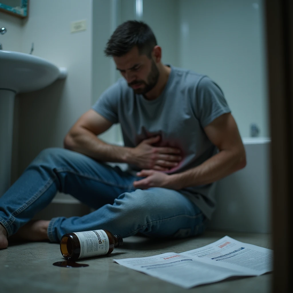 Hyperrealistic 4K image of a man in his 40s clutching his abdomen in pain on a bathroom floor, next to a spilled bottle labeled 'Acido Fulvico' leaking black liquid. Medical reports on the floor show kidney failure markers. Dramatic lighting, medical realism, clinical atmosphere. emoji
