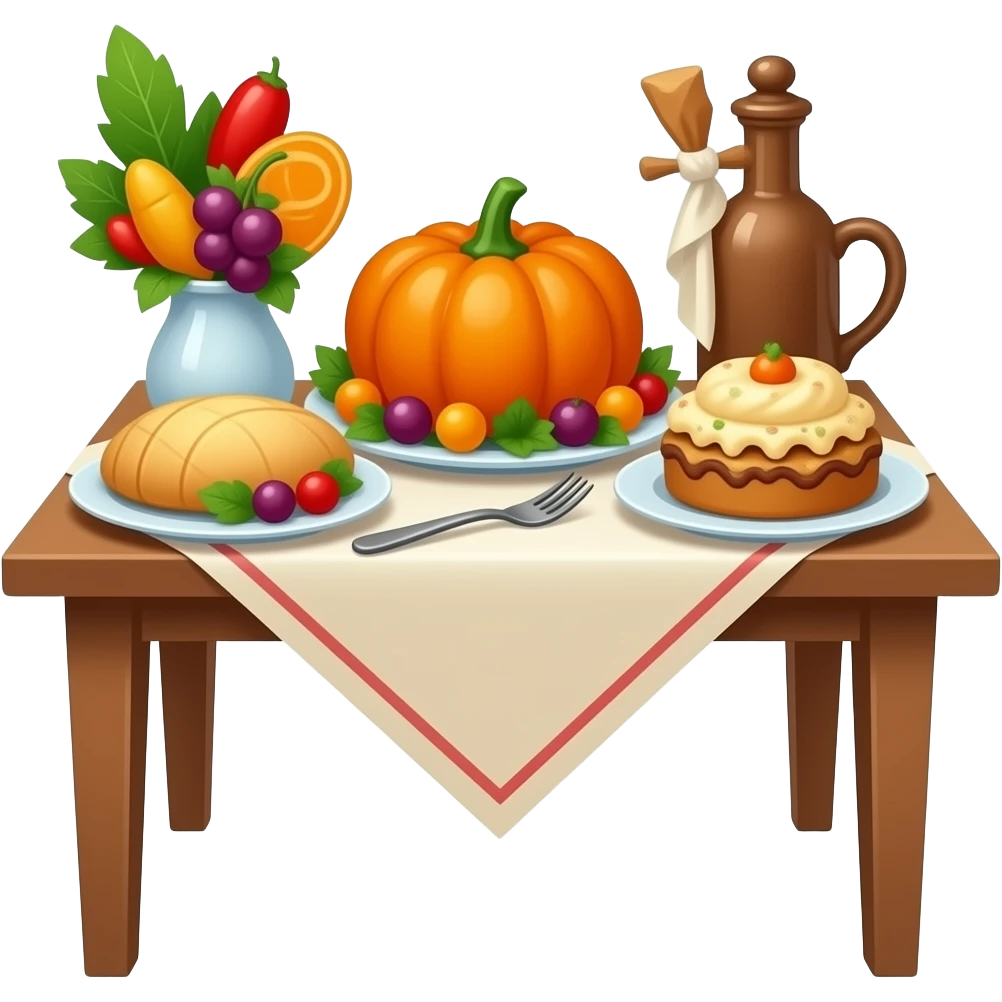 Thanksgiving food set on a table with desserts emoji