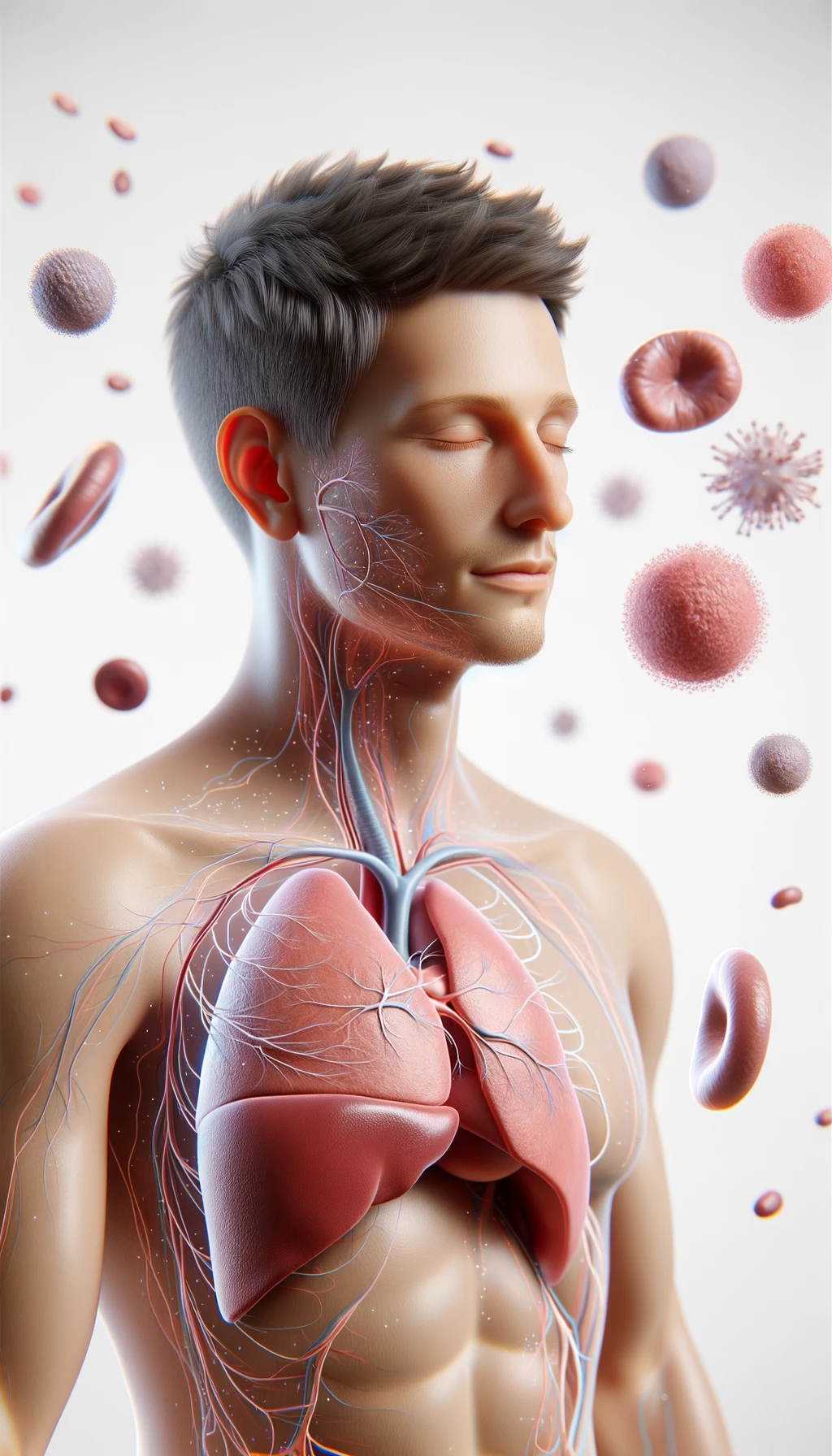 corpo umano anatomico con capelli corti e gli occhi chiusi, intorno a lui fluttuano cellule, fegato in evidenza, ha l'espressione rilassata, visto dal fianco iperrealistica 4k, isolato su sfondo bianco emoji