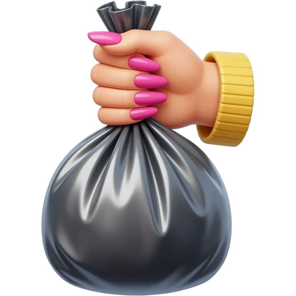 flamboyant hand with long pink nails holding a trash bag delicately emoji