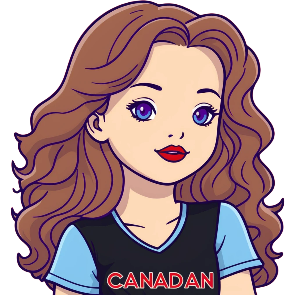 Pale skin wavy long brown hair with light brown highlights very light blue eyes red lipstick female wearing a black top with the phrase canadian chick's in red and purple font emoji