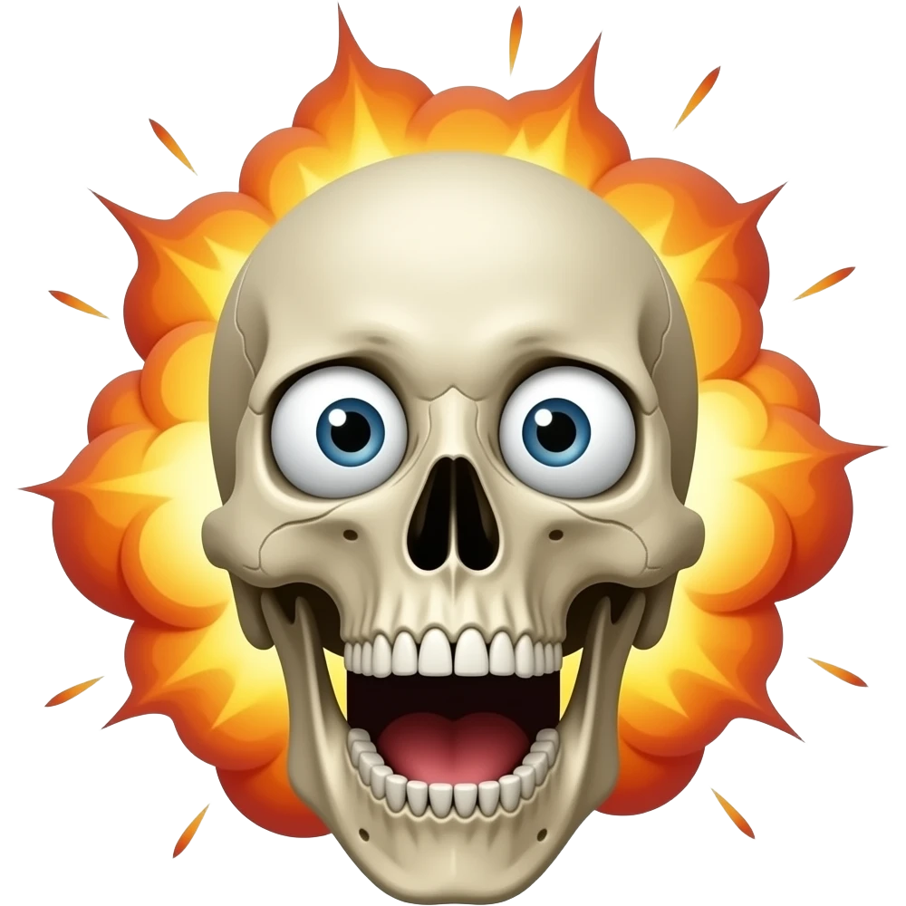 A very shocked skull used for edits like something crazy happen make the explosion more realistic fix the explosion explosion  make his eyes looks shocking  make the explosion abit more realistic and make his mouth wide open and there's like an explosion on his head because of how shocking it is emoji