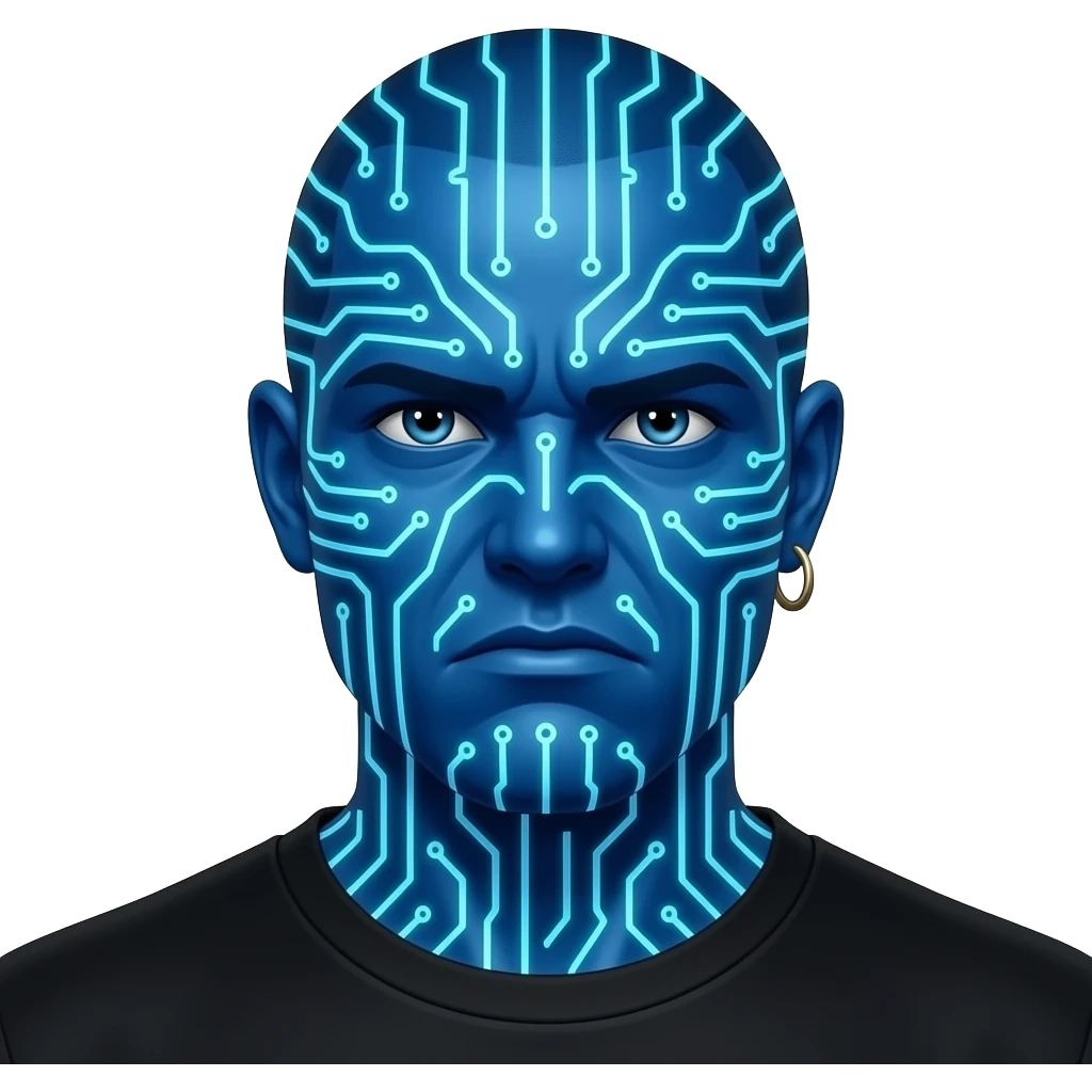 The image features a stylized frowning portrait of Blaze Bayley with blue skin covered in computer circuitry. emoji