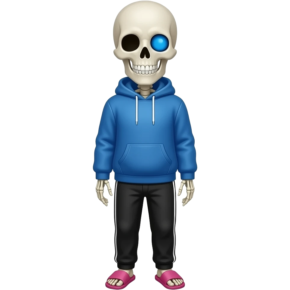 Sans the skeleton, blue hoodie, a grin, right eye is blue, black jogging pants, pink slippers emoji
