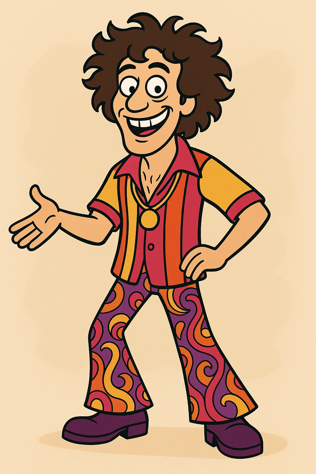 Shimmy Jimmy character, movie Blended, big smile, wild curly hair, vibrant outfit, cartoon style emoji