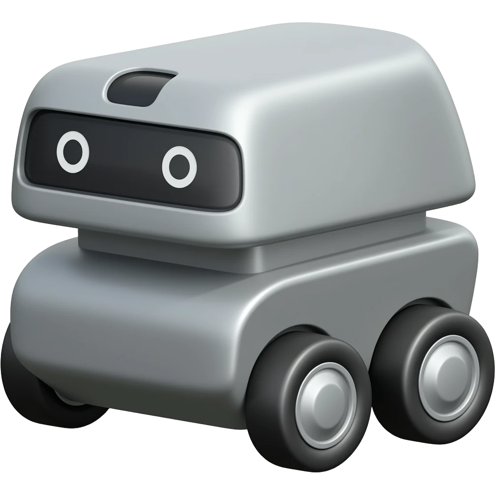 Solid horizontal rectangle grey delivery robot with white circles as the eyes 4 wheeled minimalistic design emoji