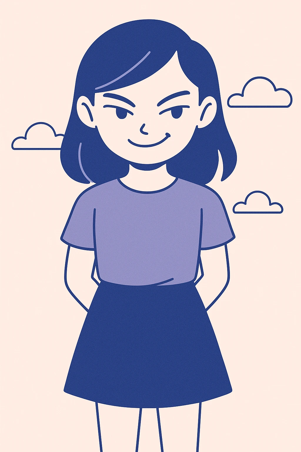 mischievous girl, sly smile, hands behind back, modern illustration, bold lines emoji