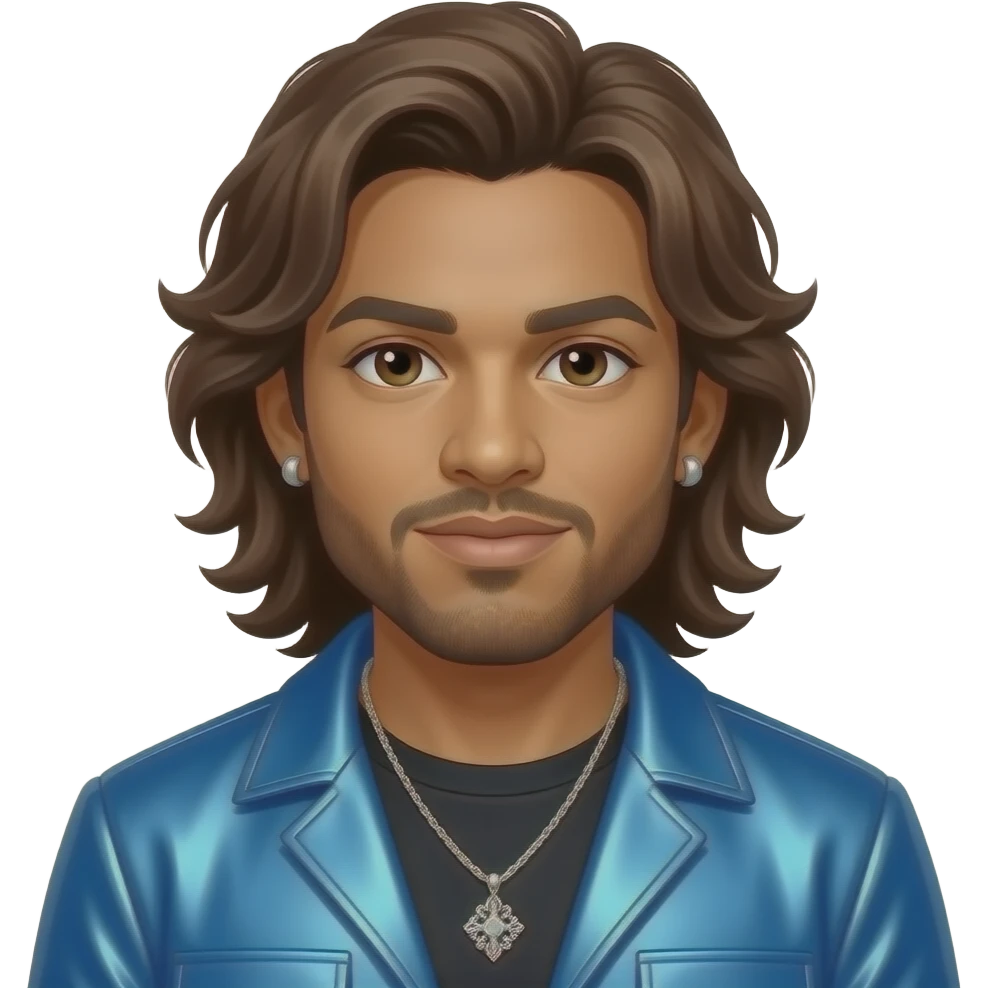 Mark Calderon from Color Me Badd with light medium skin, brown eyes, long brown 90s hair and short beard, blue metallic new jack swing outfit, necklace and earrings emoji