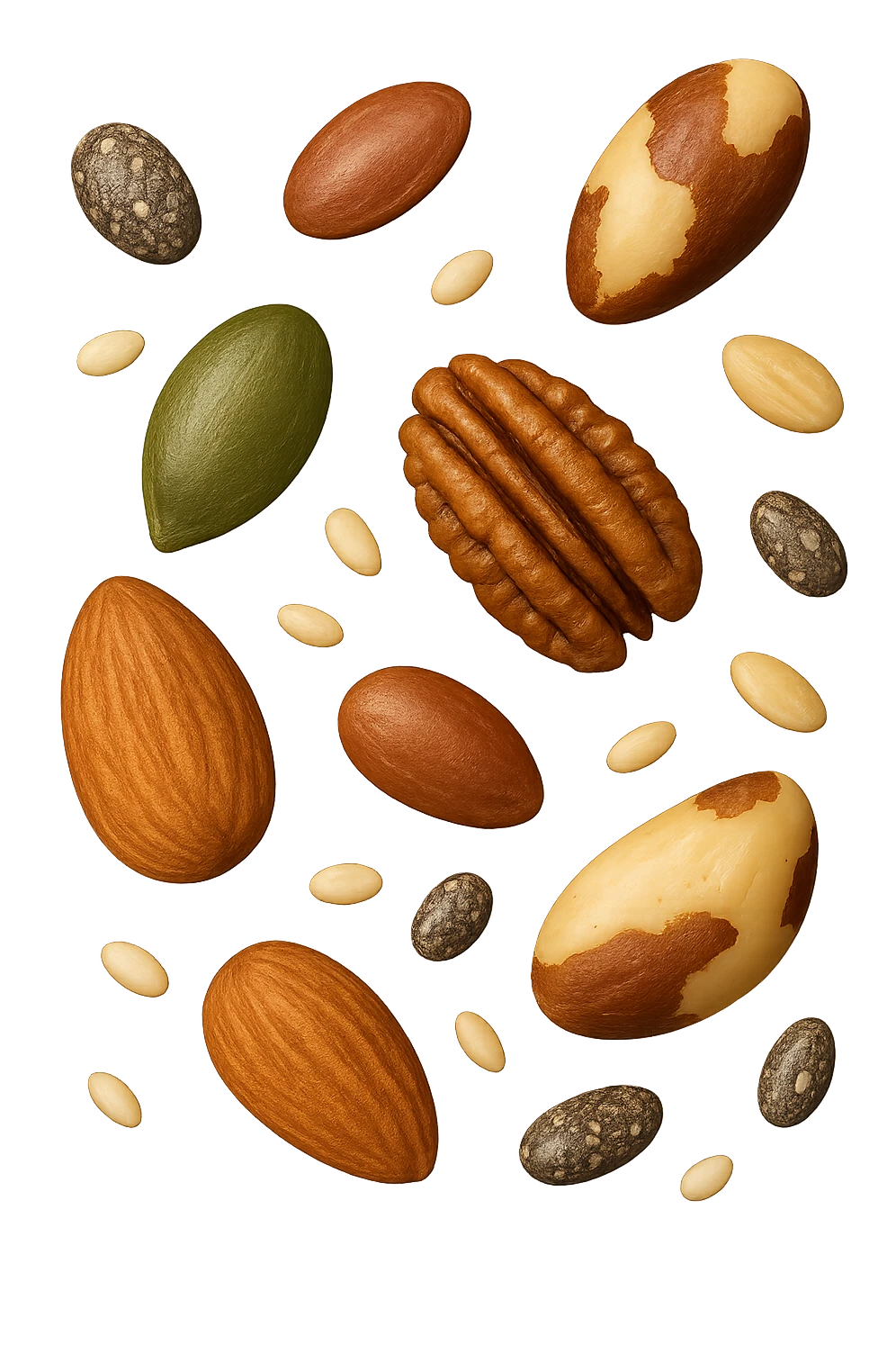 emoji stile iphone 3d di questi elementi che fluttuano in aria:

Semi di chia, lino, zucca, sesamo
Mandorle, noci pecan, noci brasiliane (porzioni limitate)

 che fluttuano sparse casualmente in aria, iperealistico 4k emoji