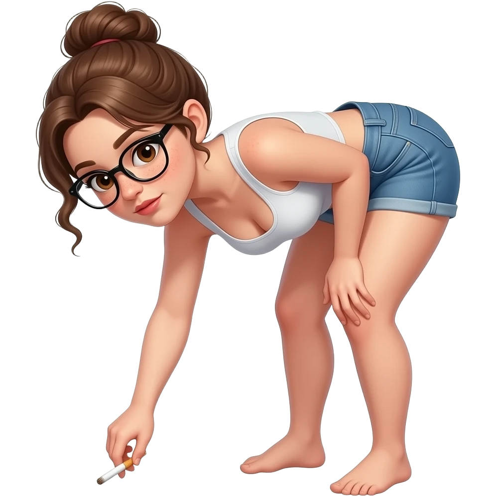 A brown eyed woman with brown messy bun and black frame glasses and freckles on her face with big boobs popping out the top of her tank top and the tank top is a crop top also with Shorty blue jean shorts and a big booty as she bends over to pick up a cigarette that's laying on the ground emoji