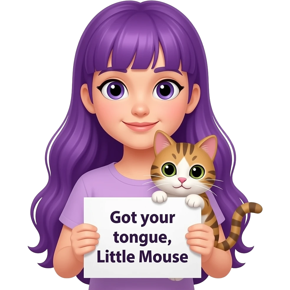 girl with long purple hair holding a -CAT- got your tongue, LITTLE MOUSE sign emoji