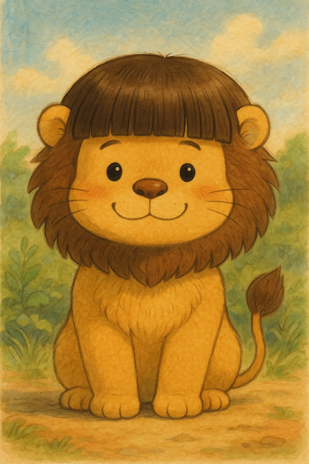 lion with a bowl haircut, straight bangs, cute and expressive, ghibli style emoji