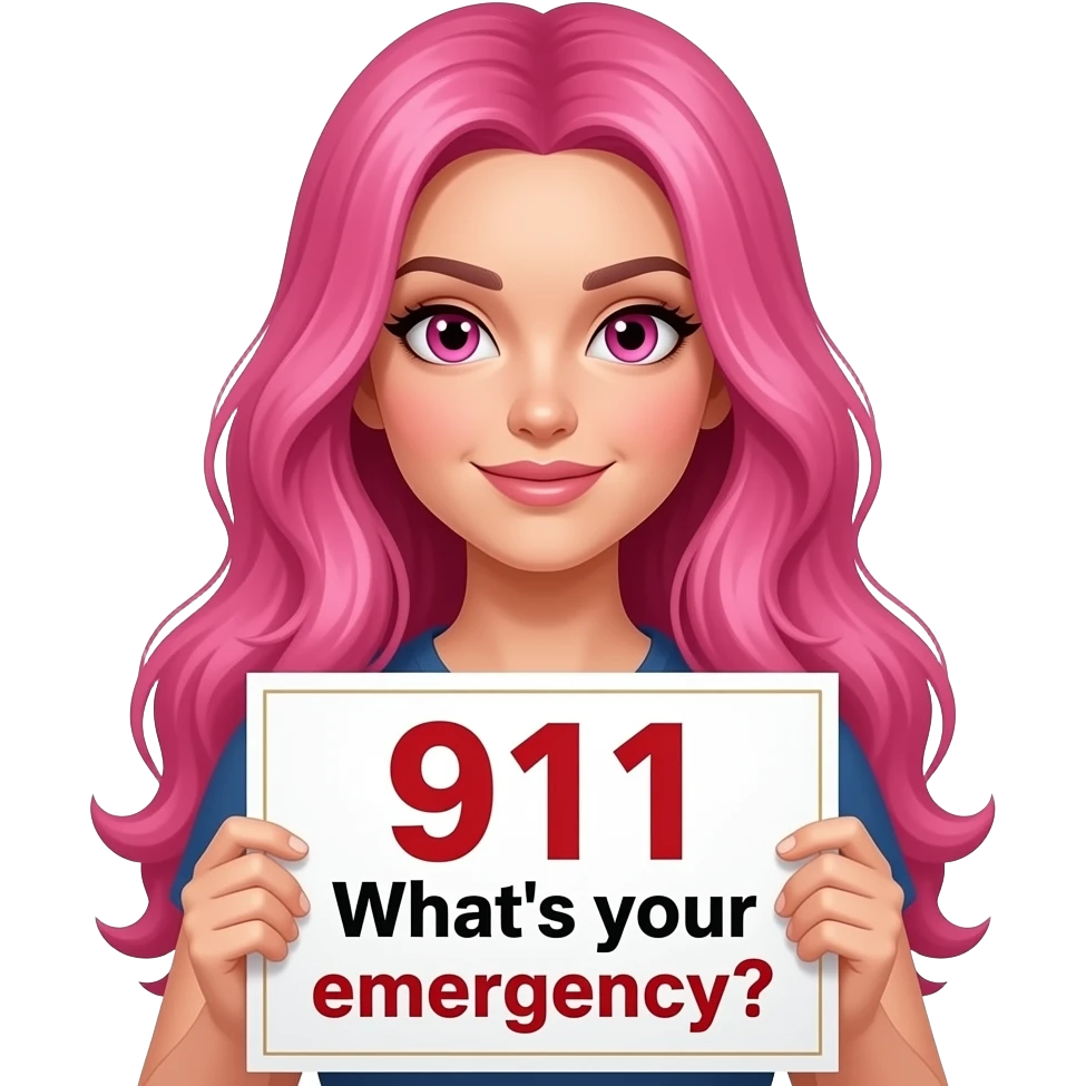 sexy girl with long pink hair and pink eyes wearing a holding a 911 What's your emergency? sign emoji