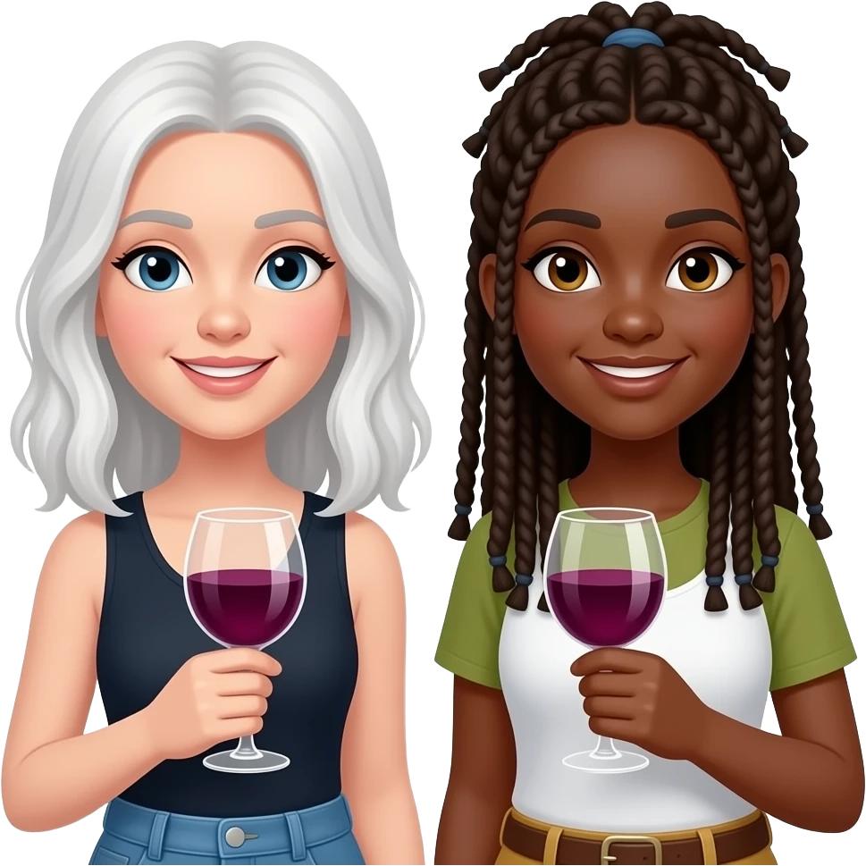 Two girl bestfriends one white girl one black girl with dreads with wine glasses emoji