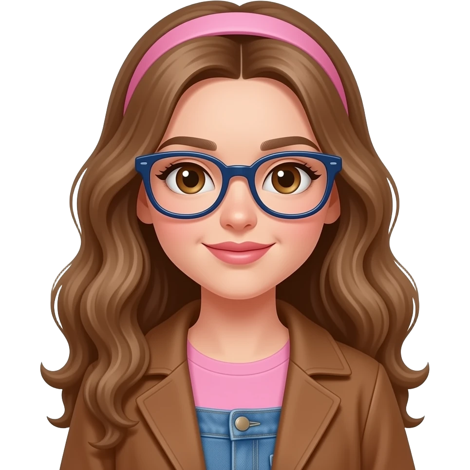 Make a very light brown wavy long hair girl with white skin brown eyes wearing dark blue cat eye wearing a brown coat pink undershirt blue flare jeans pink headband pink lips make her as a student in Wien emoji