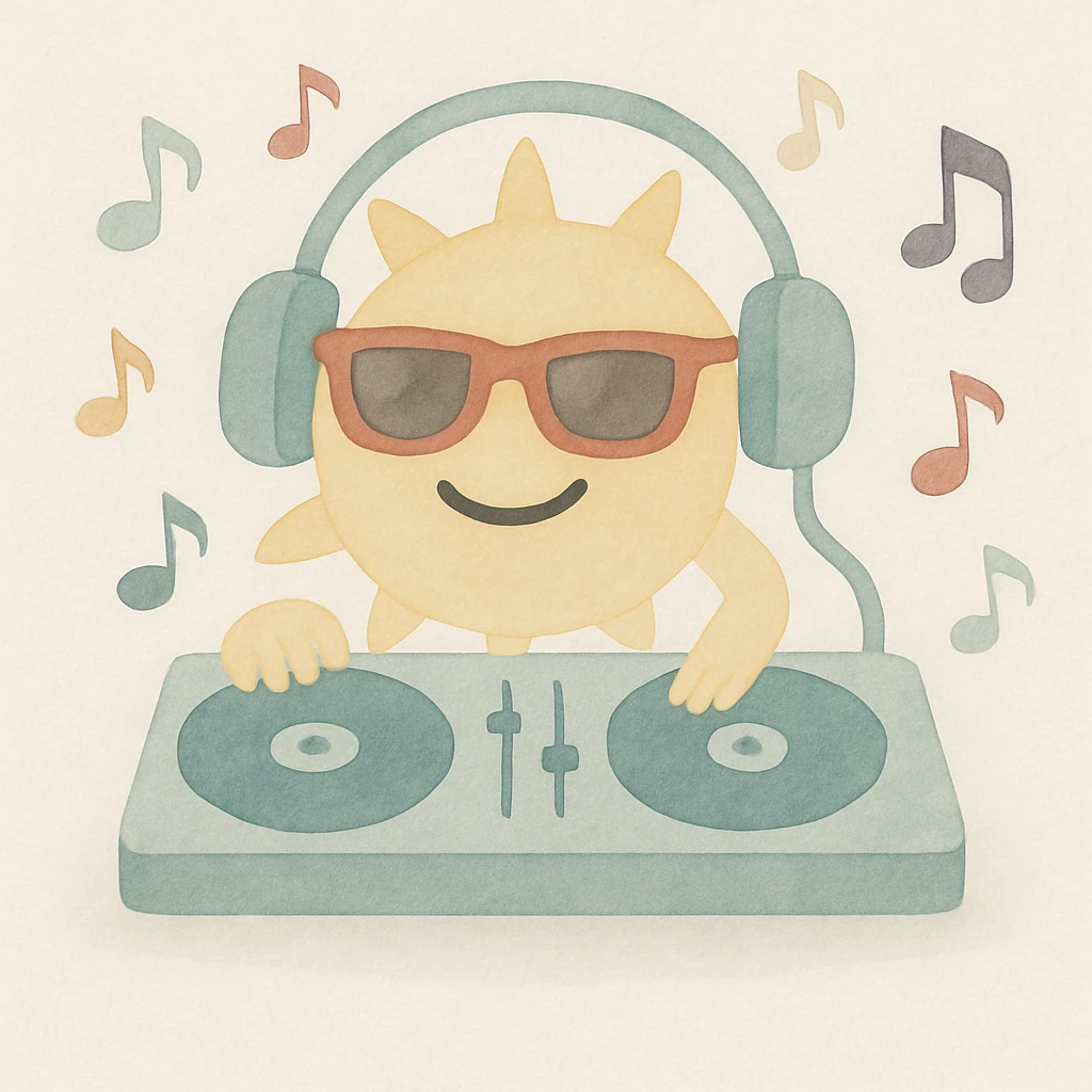 Add floating musical notes around the sun DJ in watercolor art style. emoji