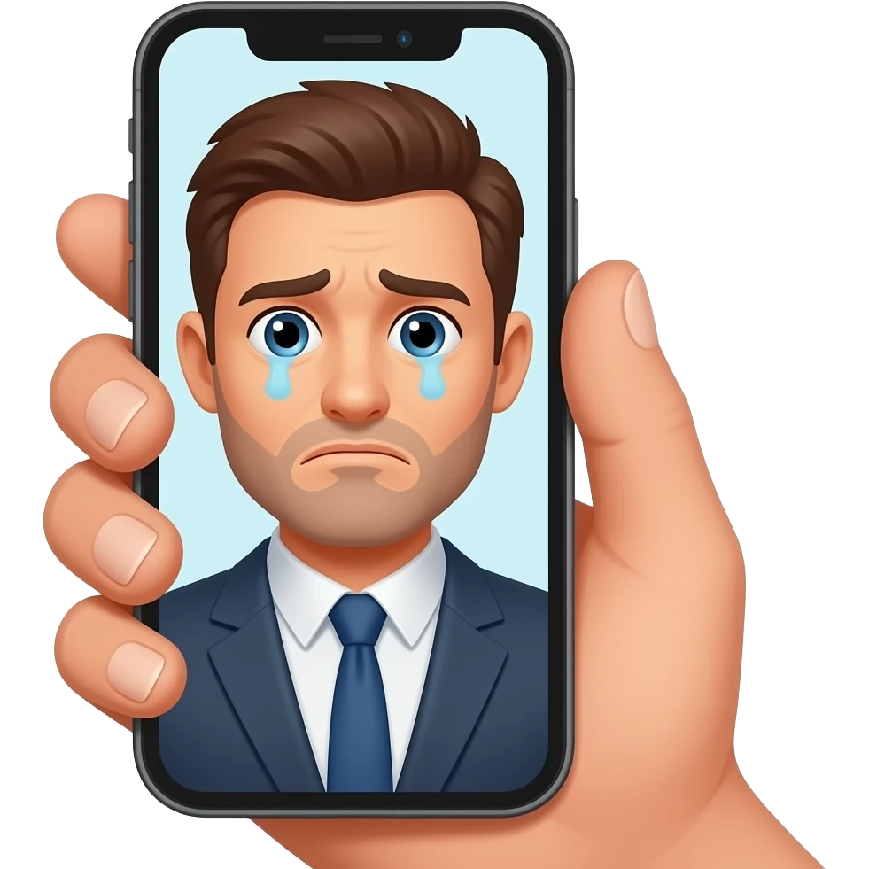 man unhappy reflection in phone screen in hand emoji