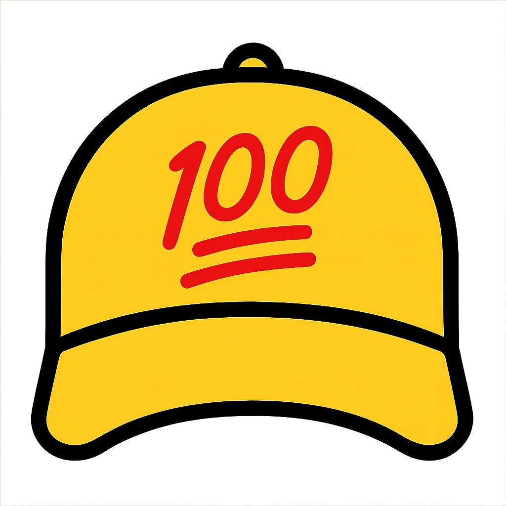 Embroider the red 100 emoji on the front of the yellow baseball cap, keeping the color outline icon style, with no background. emoji