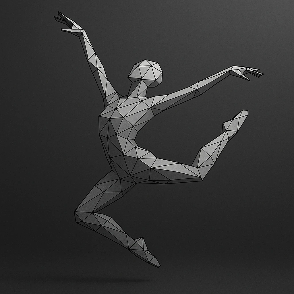 Wireframe dancer mid-leap with limbs stretched in arc. emoji