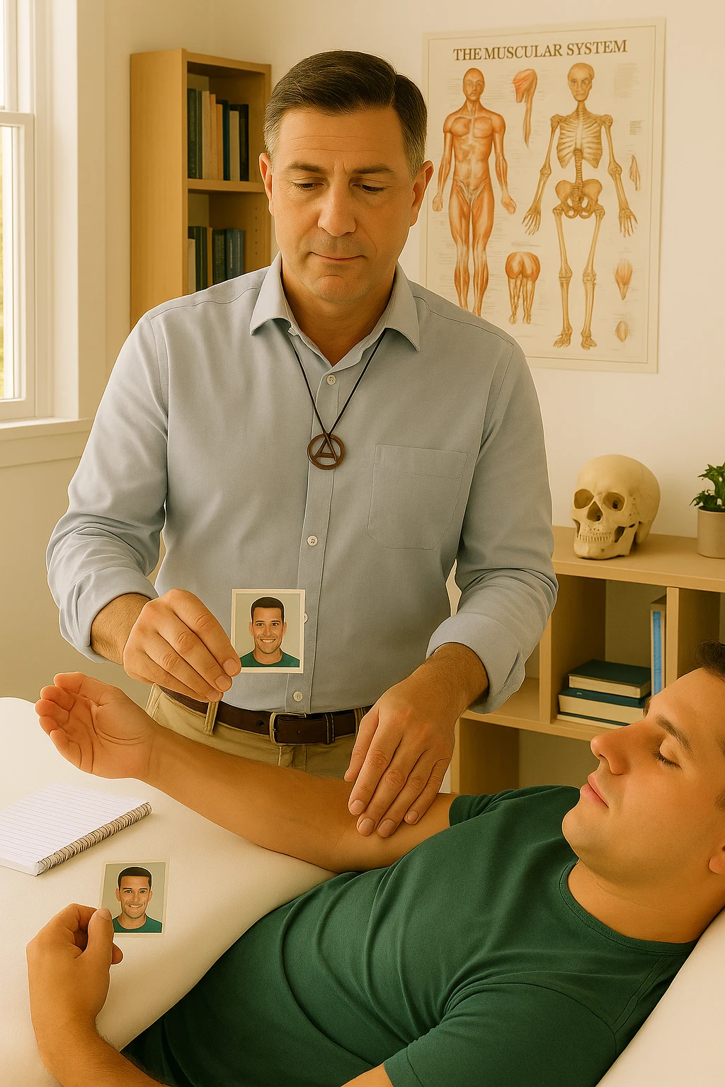 a middle-aged man, dressed in casual professional attire, is in a bright, organized therapy studio. Durante una visita di kinesiologia, il ragazzo tiene con una mano la foto di una persona lontana (il “testimone”) tiene la foto in mano, mentre con l’altra mano esegue un test muscolare su un cliente presente senza foto lui non tiene la foto. Sullo sfondo si vedono libri di kinesiologia, poster anatomici e strumenti tipici della disciplina. L’atmosfera è concentrata e serena, con luce naturale che entra dalla finestra, sottolineando l’aspetto alternativo e umano della pratica. emoji