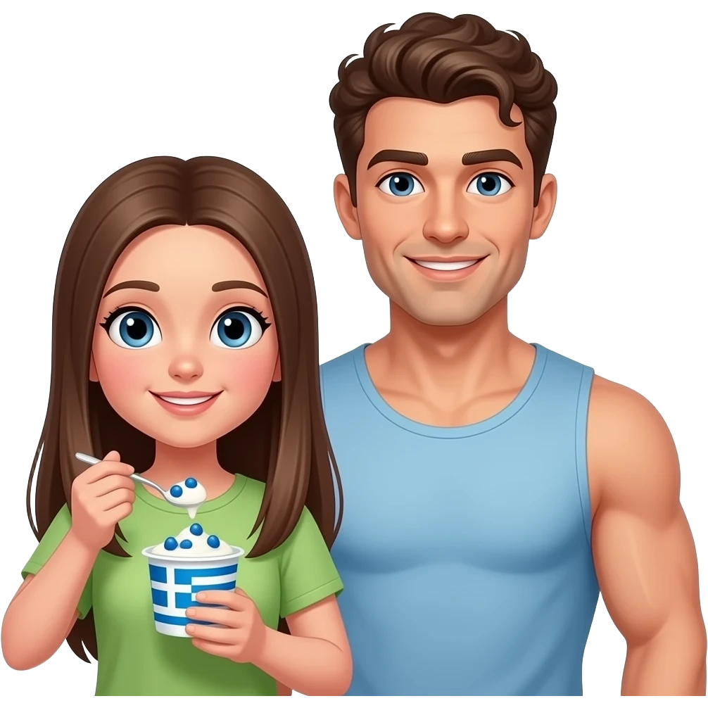 Realistic pale skin brown long straight hair girl eating greek yogurt with her short brown curly hair muscular man HD emoji
