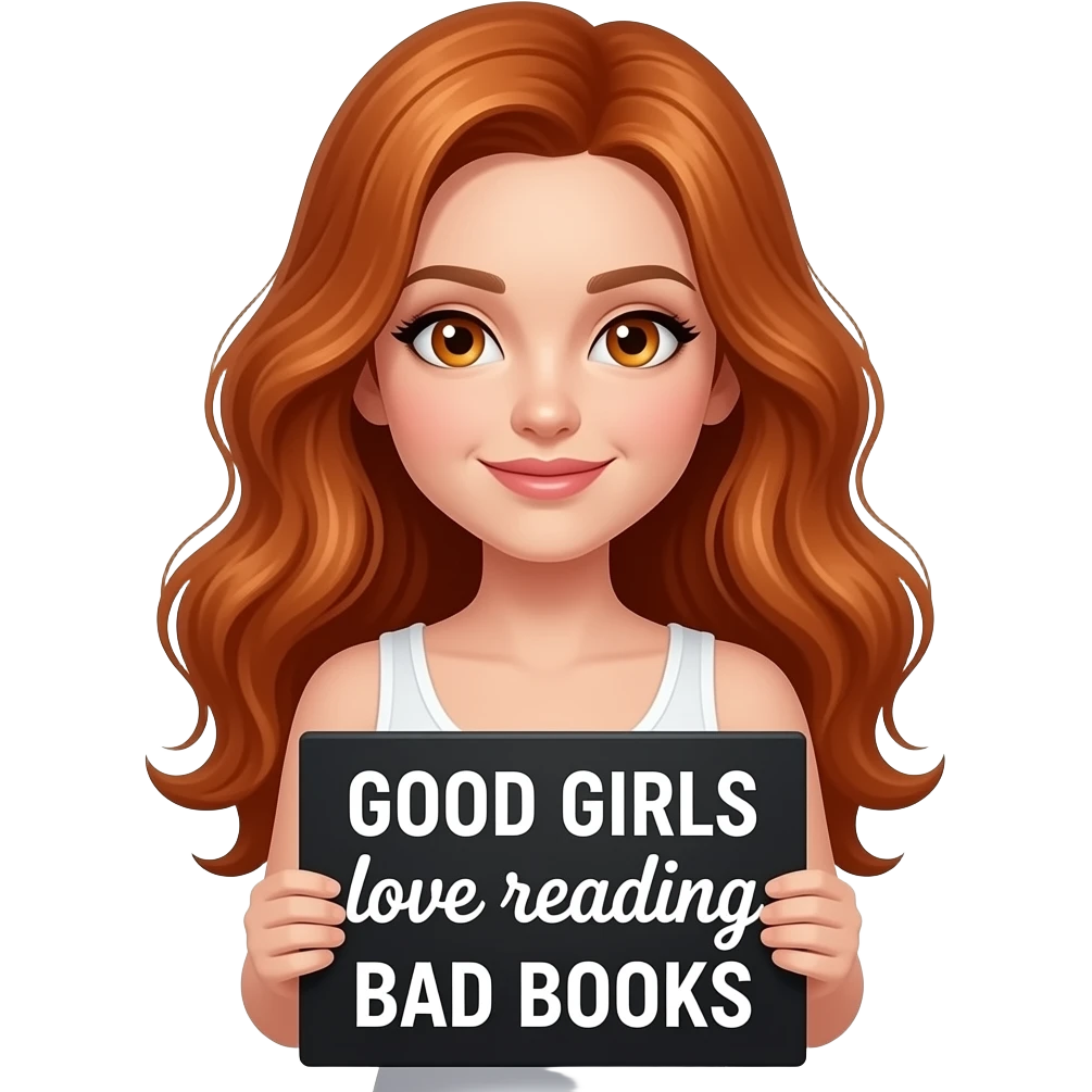 sexy girl with long wavy ginger hair and ginger eyes wearing a white tanktop is holding a black colored sign with GOOD GIRLS love reading BAD BOOKS written on it emoji