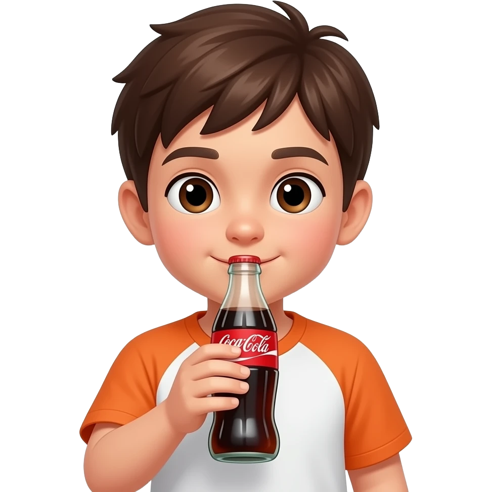 A kid with dark brown hair and white and orange shirt with brown eyes drinking Coke emoji
