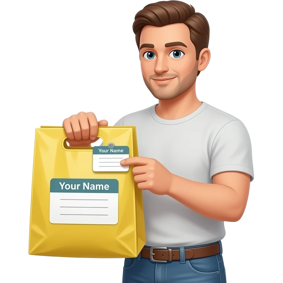 man checking name label on plastic shopping bag. informally dressed and oversized name label attatched to bag handle says "your name" on it emoji
