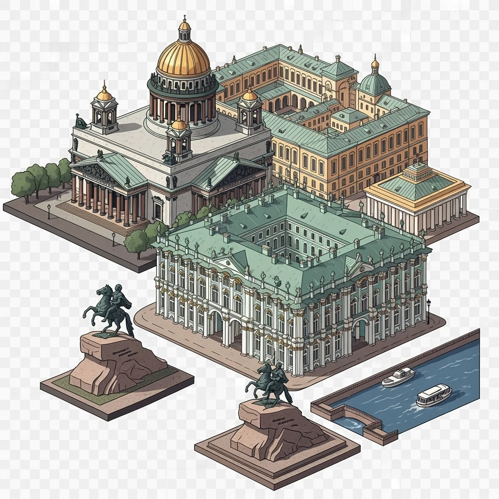 Isometric photorealistic illustration of Saint Petersburg - Saint Isaac’s Cathedral, the Winter Palace, and the Bronze Horseman statue. Miniature, slightly hand-drawn style, balanced between stylized and realistic, transparent background. emoji