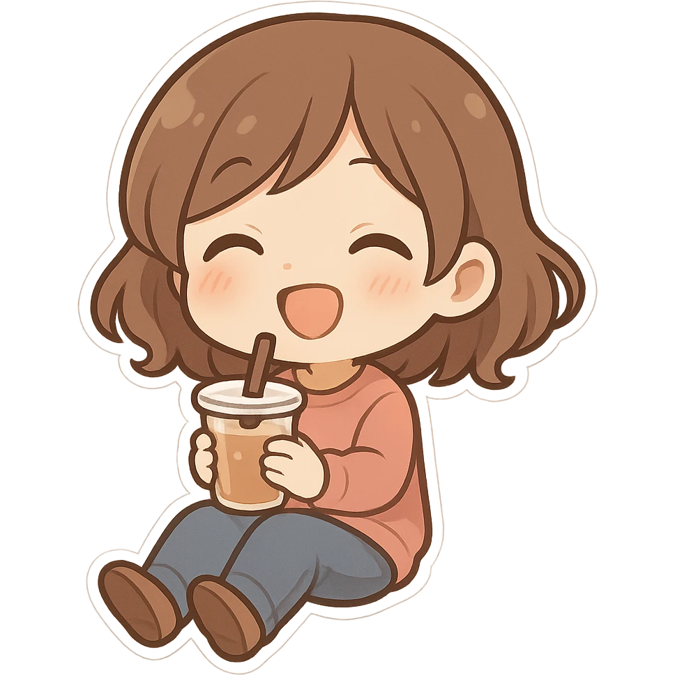 一个女孩开心地坐着，手里拿着一杯饮料 emoji