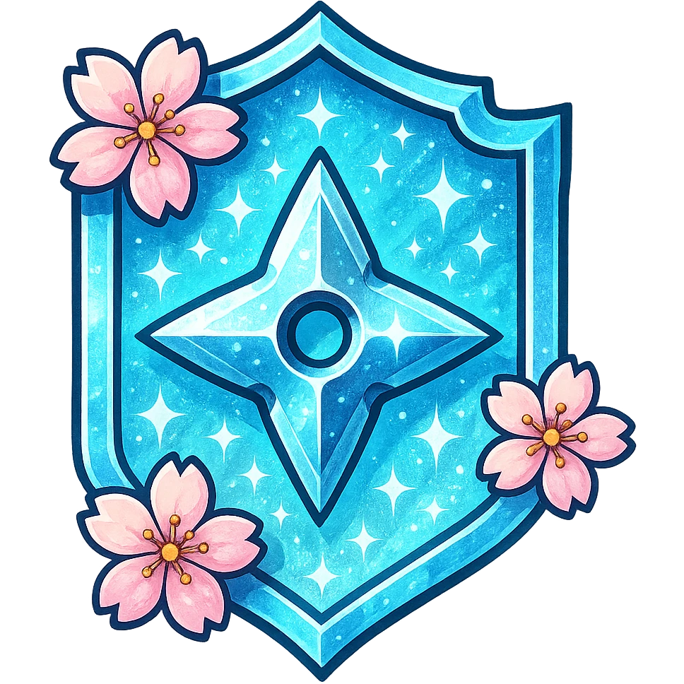 Anime-inspired Japanese style badge for Diamond rank: traditional crest shape with icy blue and white gradient, sakura (cherry blossom) accents, ninja star, bold highlights and shadows, sparkly effects, no text, sized for Twitch or Discord use, transparent background. emoji
