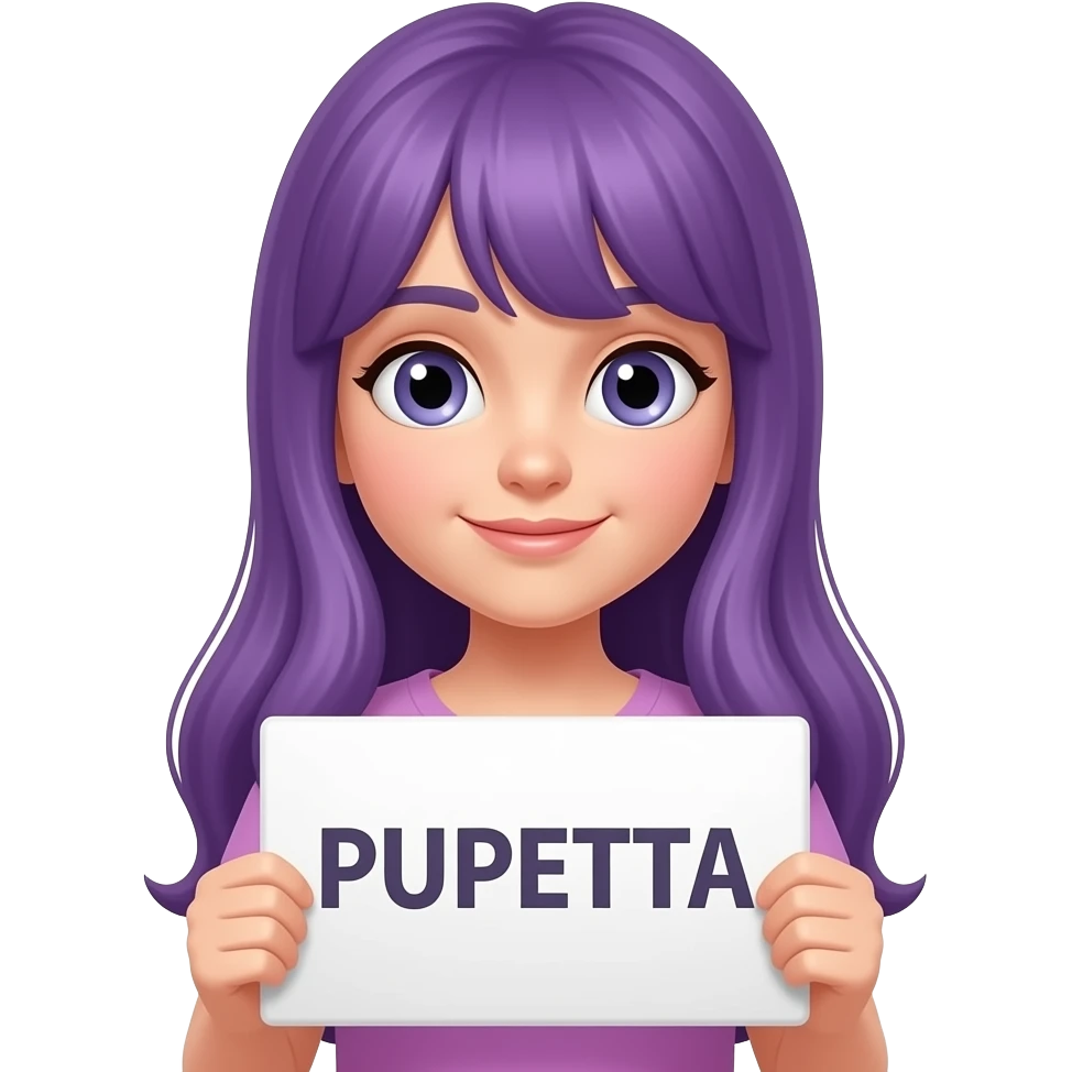 girl with long purple hair with a PUPETTA sign emoji
